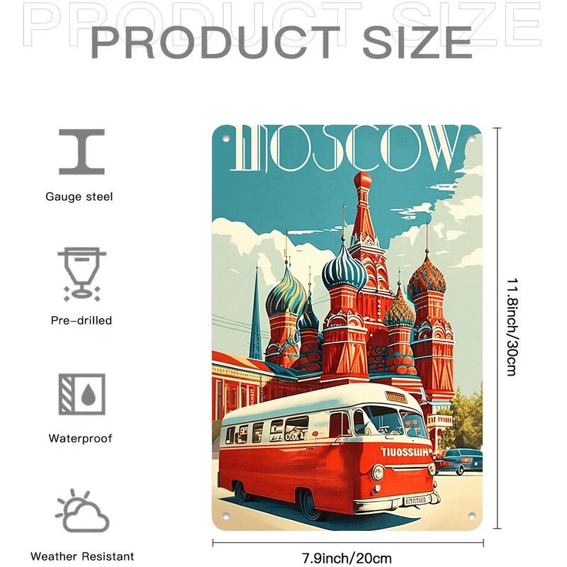 1 item: Retro bus tin painting of St. Basil's Cathedral, Moscow; decorative painting for living room/study; Russian style home w