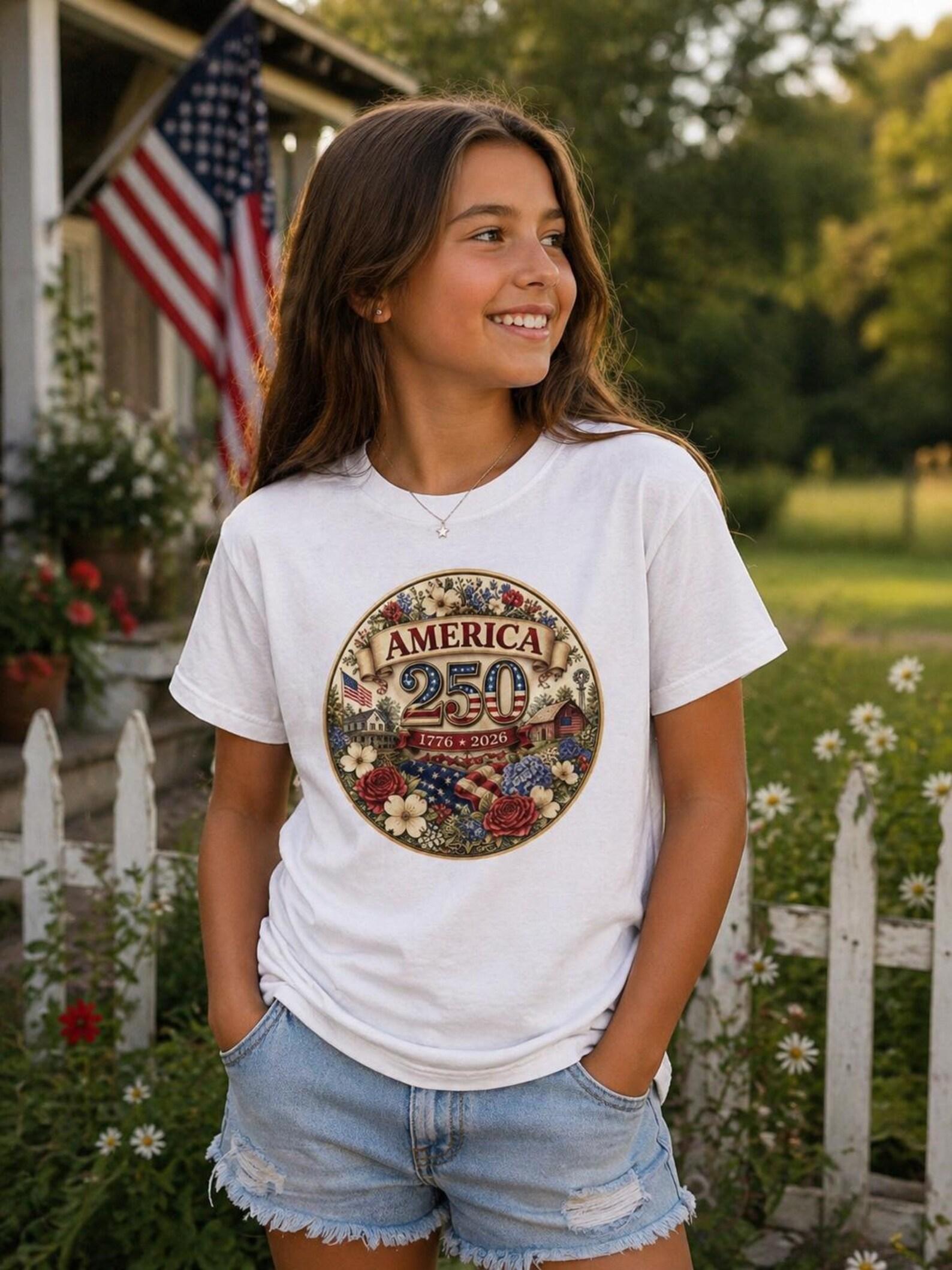 American Emblem Kids Tee | Patriotic Flag Floral 1776-2026 150