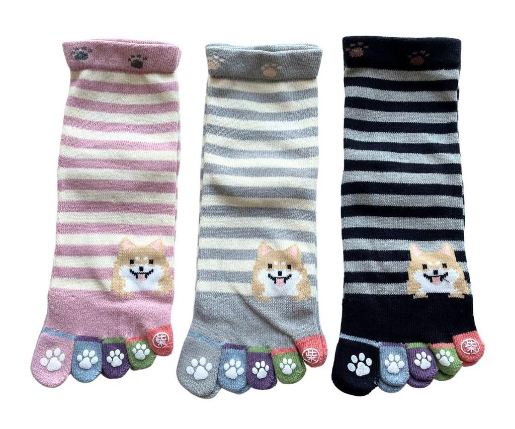 Socks for Cotton Outer 3 Socks for Animal Set Are Up To 5-toe Women, 100% Yarn, Pairs, 5-toe Women, Border, Pattern, Loose, Cuff, 3-pair (colors You)