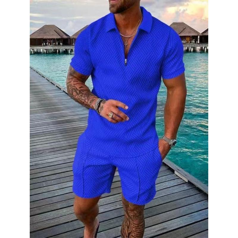 Mens Casual Solid Color Textured Half Zip Polo Shirt And Shorts Two Piece Set