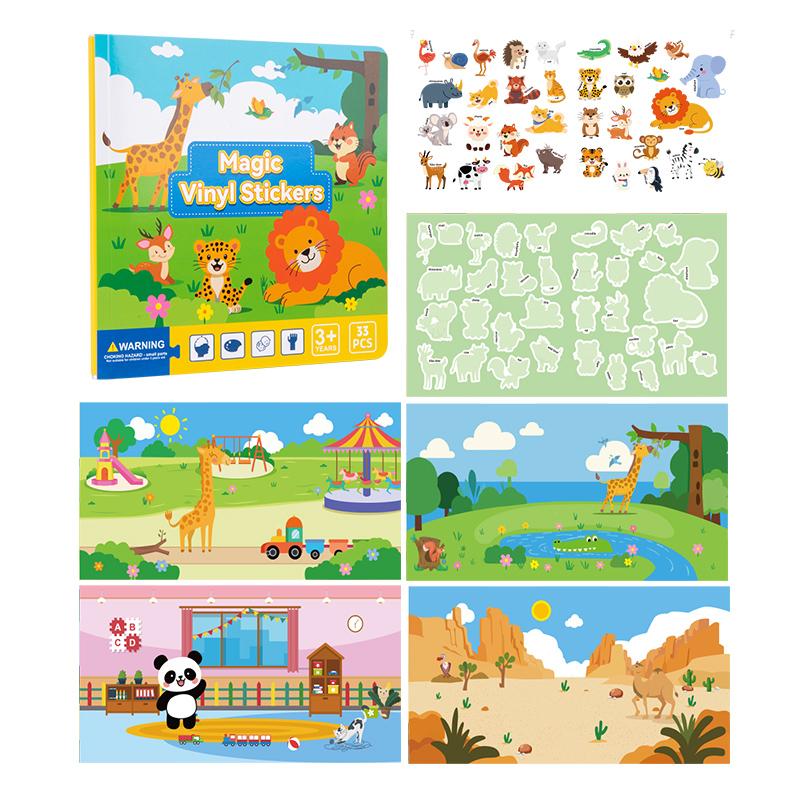 

Reusable Cartoon Animal Scene Stickers for Kids DIY Hand-on Puzzle Learning Cognition Puzzle Book Educational Toy Gift for Child