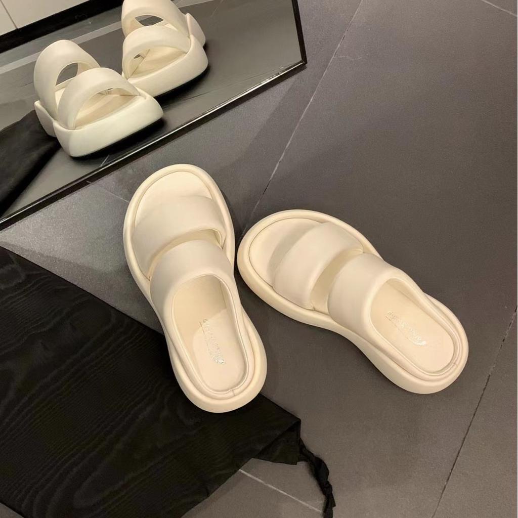 Traubenmutter hat den gleichen Stil, Wolkenblasen~ echtes Leder Doppelgürtel Brot lässig dicke Sohle erhöhend Hausschuhe Damen Sandalen Sommer styl