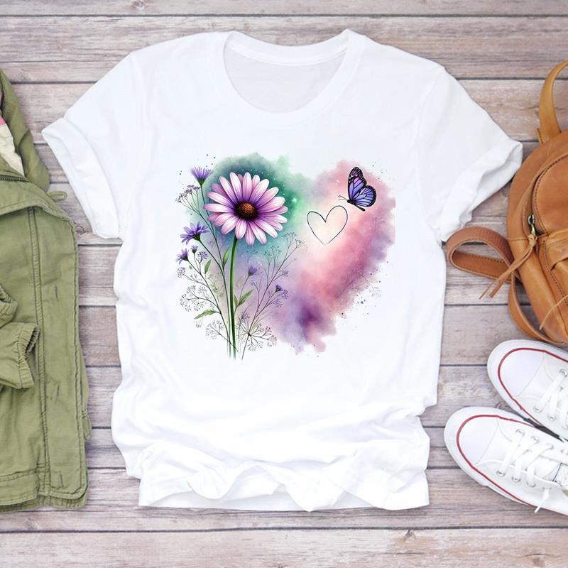 (Asian Size)  sweet flower cute 90s Print Lady T Shirt Fashion Women Clothing Casual Top Short Sleeve Tee Female Graphic T-shirts