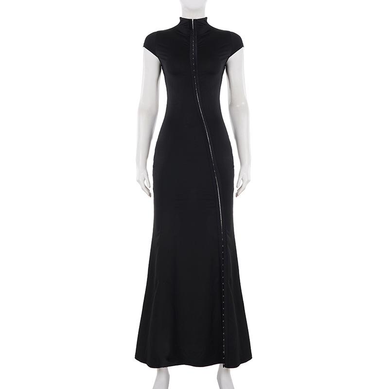 European & American Sexy Hollow Stand Collar High Slit Short Sleeve Long Dress
