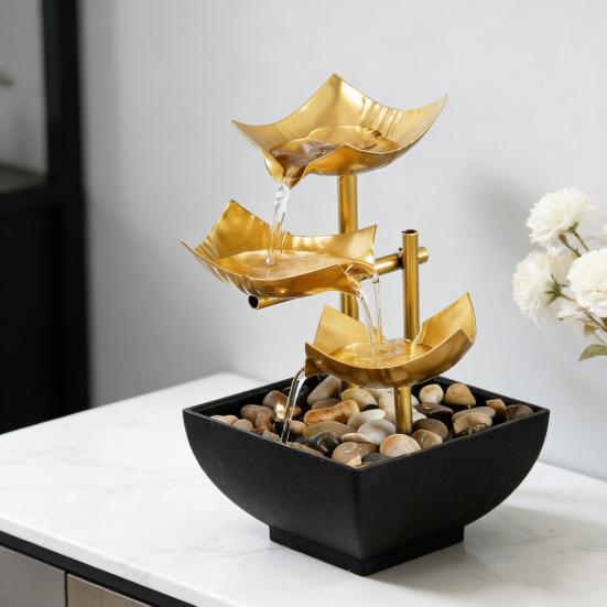 Gold Tabletop Water Fountain 3 Tier Lotus Indoor Desktop Fountain Ornament with Light Small Decorative Waterfall Fountain for Home Bathroom