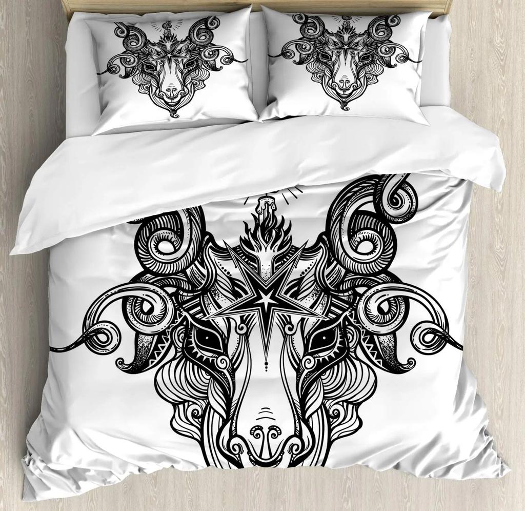 Horror House Duvet Cover Set Art Pentagram Goat Skull Devil Dream Hooded Exorcist Image Decorative Bedding SetKing Size Blue