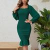 Women Slim Fit High Waist Square Neck Long Sleeve Mid Length Fishtail Dresses with Fungus Edge for Spring Summer In Sizes S-XL