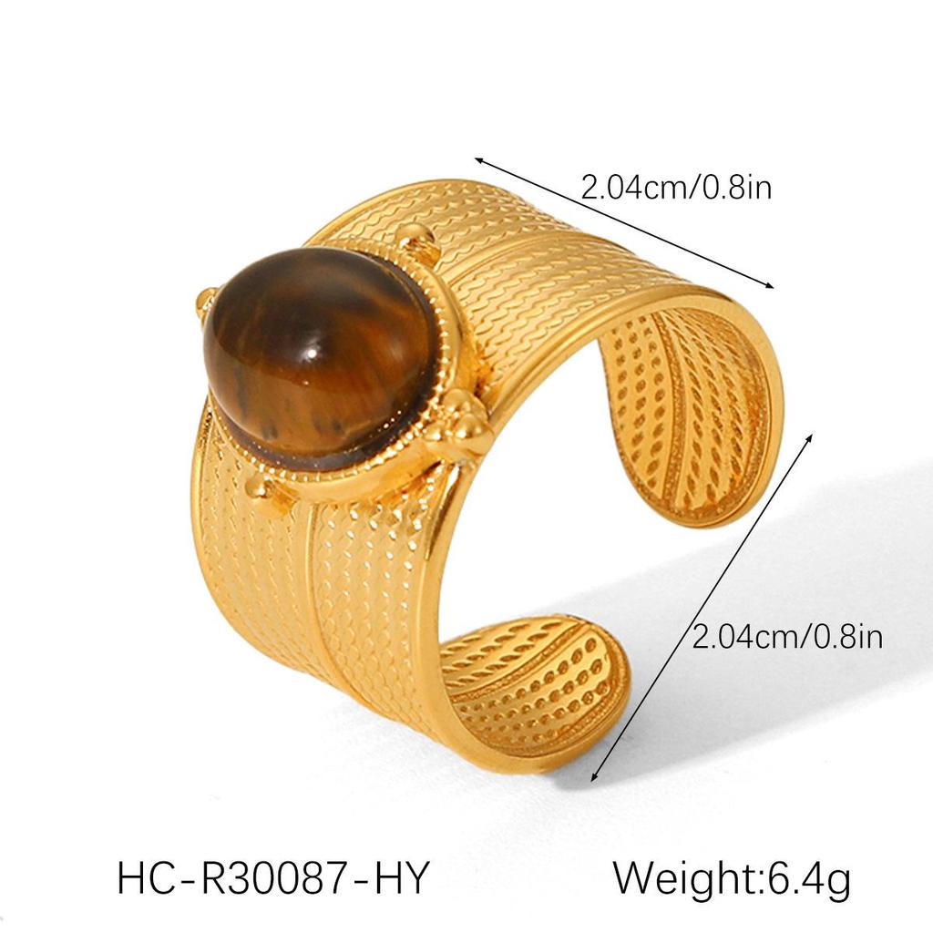 Women's Colorfast Retro Stainless Steel Ring with Natural Stone, Open & Versatile Titanium Steel Design