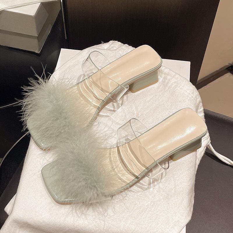 

Крутые тапочки 2025 лето толстый каблук с открытым носком пушистые туфли прозрачный кристалл высокие каблуки нишевые красивые модные крутые тапочки 40 зелёный