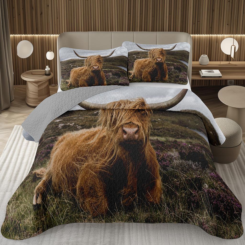 Hochlandkuh Tagesdecke Twin/King Bauernhoftier Stier Rind Überwurf Rustikaler Landhausstil Gestepptes Bettwäscheset Wendbare Tagesdecken