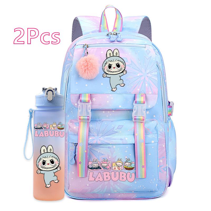 2Pcs/set Cute Printed Backpack with 750Ml Outdoor Sports Water Bottle Student Girl Boy Schoolbag Large Capacity Travel Bag Gift