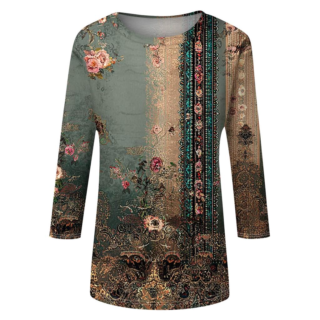 Trendy Vintage 3/4 Sleeve Top For Women ,Ladies Casual Three Quarter Sleeve Round Collar Printed T-Shirt Blouse