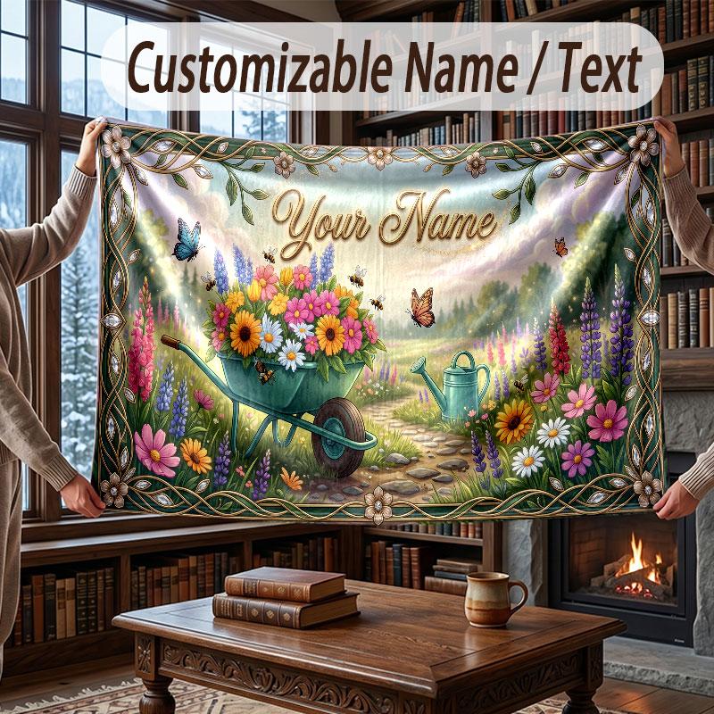 Floral Garden Theme Throw Blanket Custom Name Text Personalized Blanket Soft Cozy Blanket for Home Sofa Bed