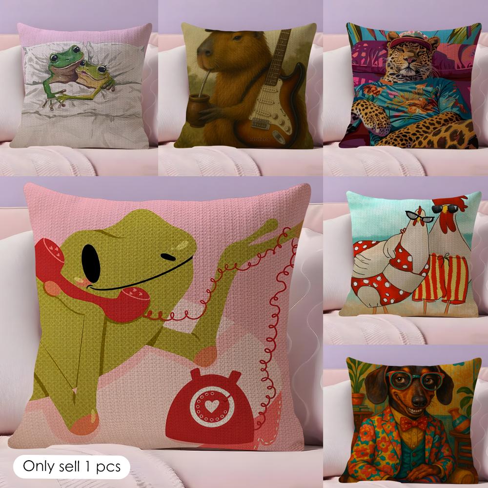 Funny Animal Friends Design Cushion Cover Natural Linen Organic Fabric DoubleSided Printing Sofa Home Decor Gift Pillow Case