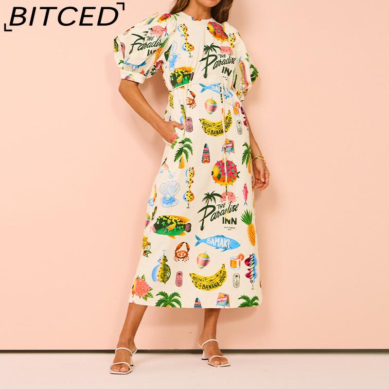 

BITCED Spring Women s Printed Lantern Sleeve Fitted 1/2 Sleeves Full-Skirt Dress XXXL разноцветный