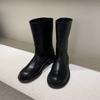 Sheepskin Version~ Korean Version of Niche Retro Round Head Medium Boots Women's Leather Knight Boots Big Head Martin Boots Low Heel Sleeve
