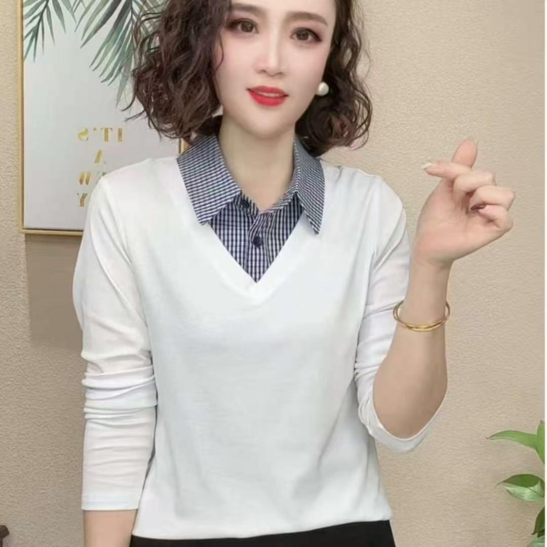 2026 Stylish Spring/Autumn Patchwork Lapel Shirt: Fashionable Color-Block Slimming Long Sleeve Versatile Top 4XL