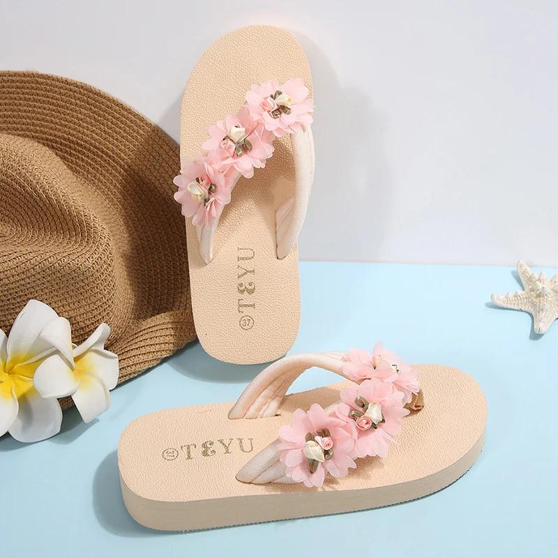 Fashion Fashion Flower Decoration Women's Flip Flops 2025 Summer Comfort Non Slip Beach Slippers Woman Lightweight Clip Toe Flat Sandals