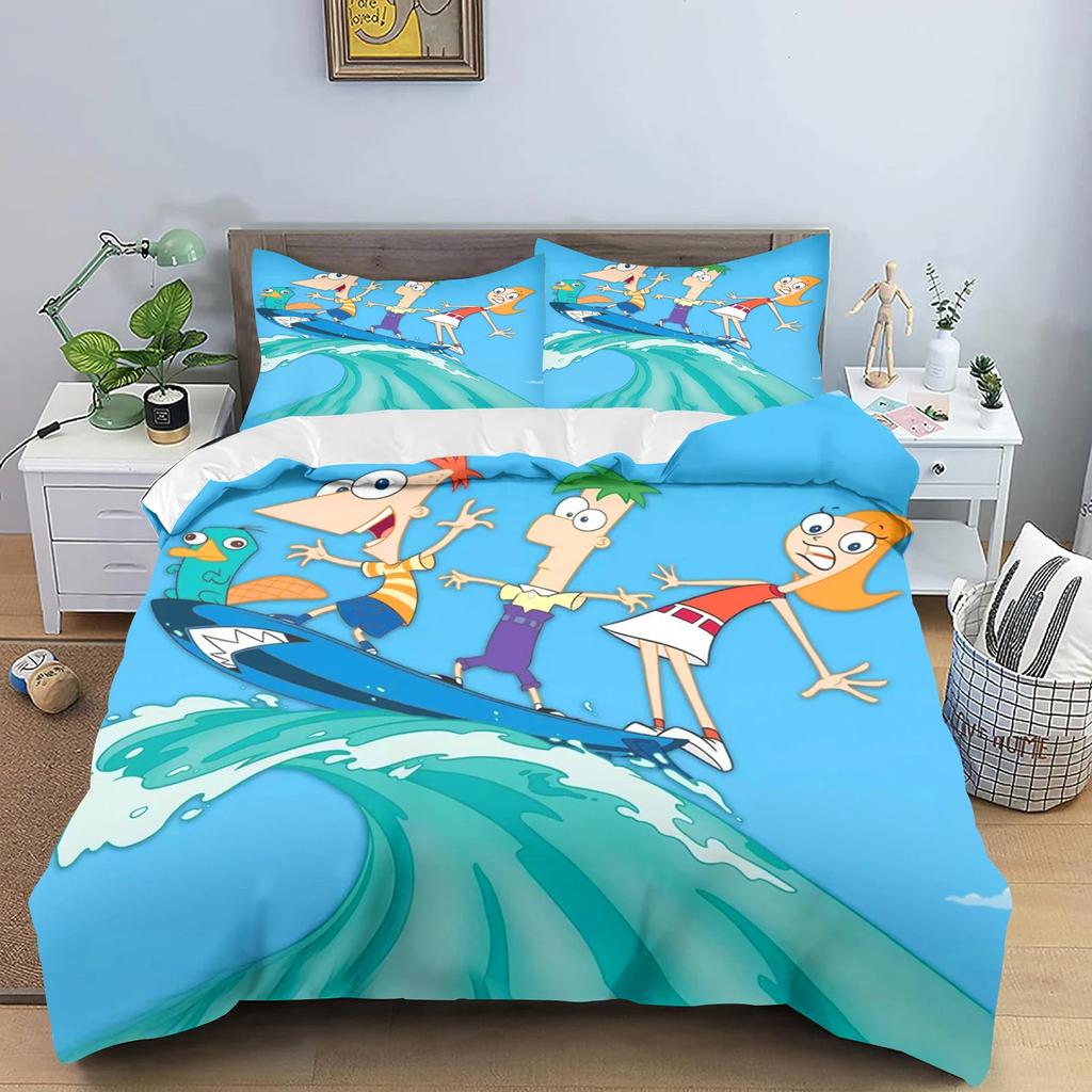 Phineas a Ferb Povlak na přikrývku, Kreslený potisk Polyesterová přikrývka do dětské ložnice, Anime, Útulné ložní prádlo do pokoje, Různé velikosti