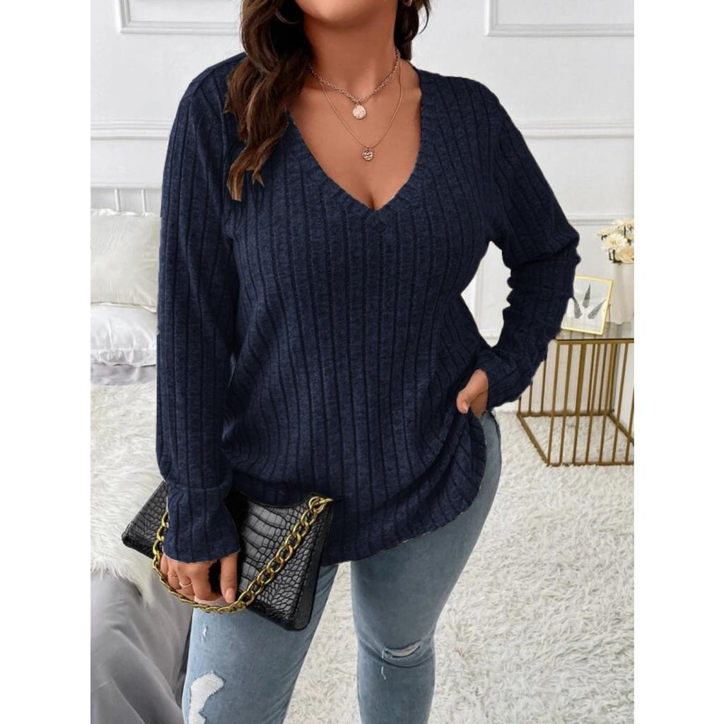 Top informal de punto acanalado vertical de manga larga con cuello en V para mujer, holgado, talla grande