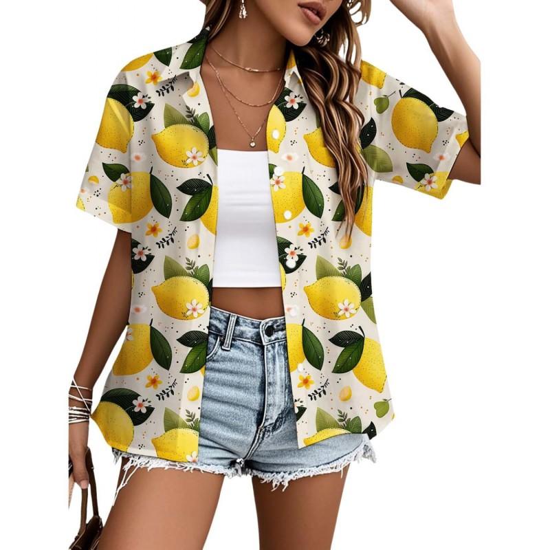 Womens Loose Fit Short Sleeve Printed Shirt Casual Vacation Style Collared Open Front Top