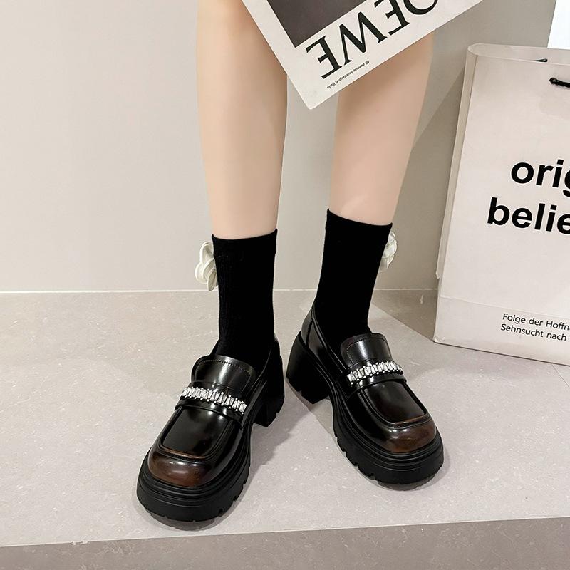 Patent leather rhinestone inner heightening loafers women's 2025 new autumn college style small leather shoes one pedal muffin single shoes