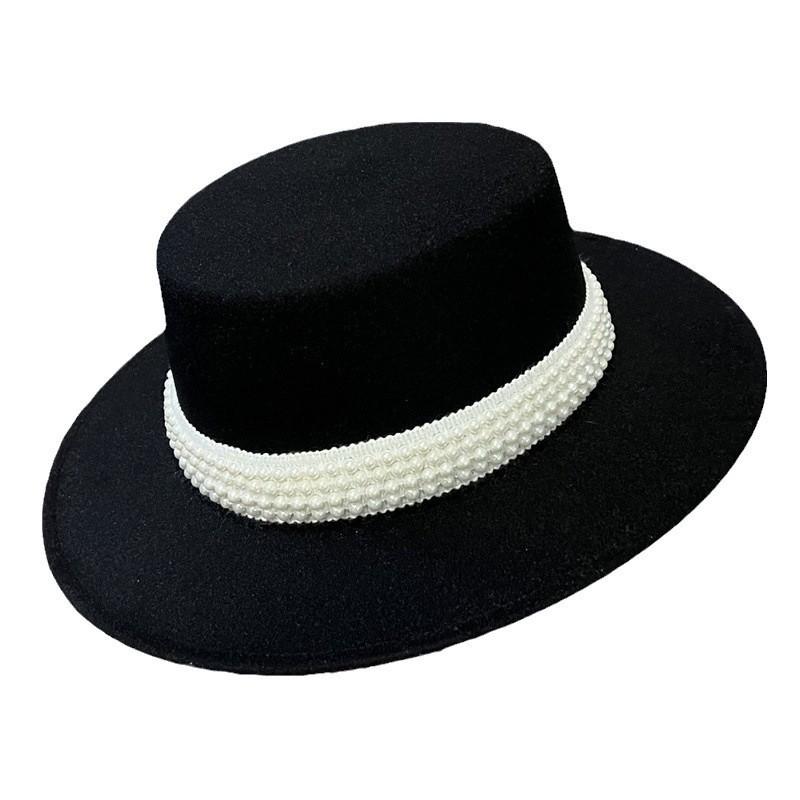 French celebrity style autumn and winter pearl flat top top hat women's fashion British warm wide brim woolen hat felt hat tide