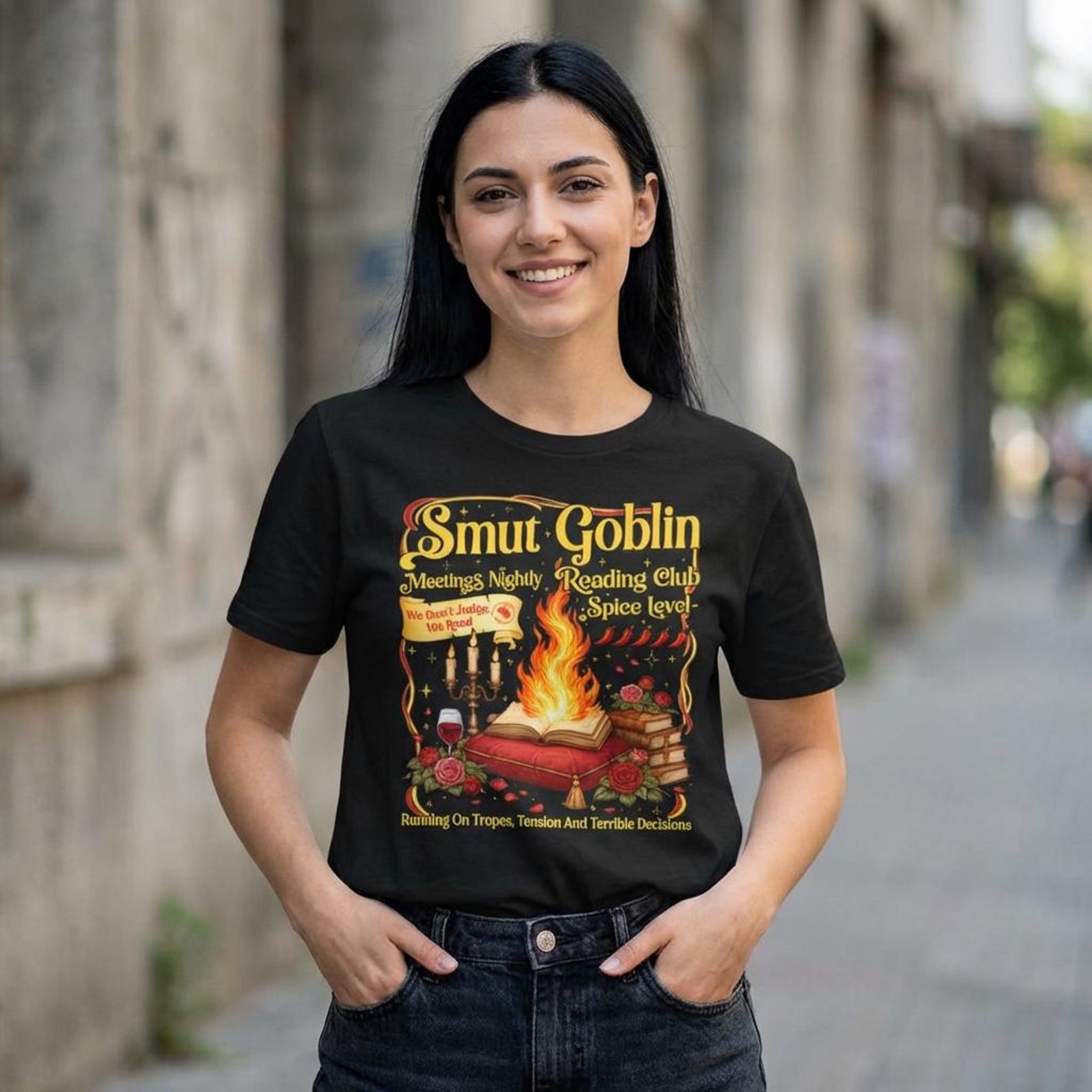 Vintage Smut Goblin Dark Romance Bookish Book Lover T-Shirt; Funny Fantasy Reader Shirt; Spicy Book Club Tee L