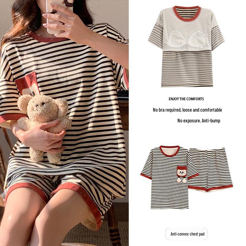 

Женская летняя пижама с коротким рукавом 2025 года с нагрудными вкладышами - Милый мультяшный стиль L [95-115 jin]