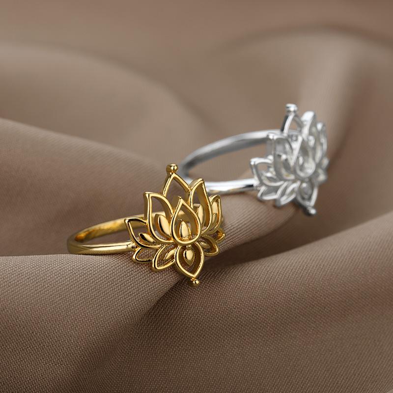 Stainless Steel Lotus Ring For Women Men Finger Ring Vintage Gold Color Wedding Couple Rings Jewelry Anniversary Gifts
