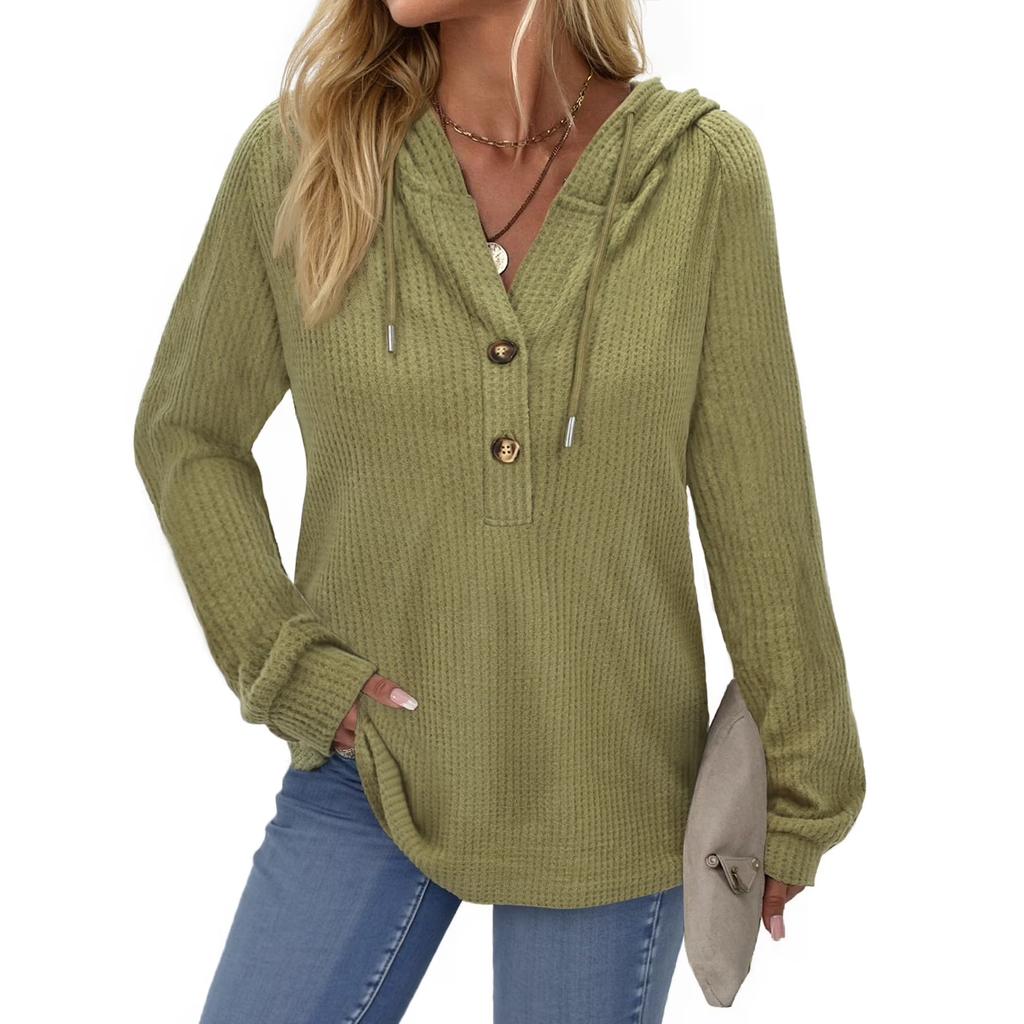 Women's Fashion Long-Sleeve Solid-Color Hooded Button-Up Casual Sweatshirt Top