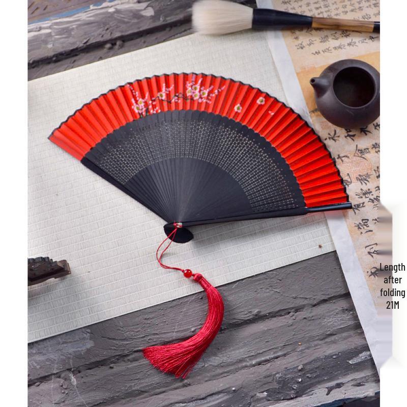 Red Ancient Style Chinese Folding Dance Fan - Easy To Open & Close, Perfect for Hanfu, Cheongsam, and Runway Shows