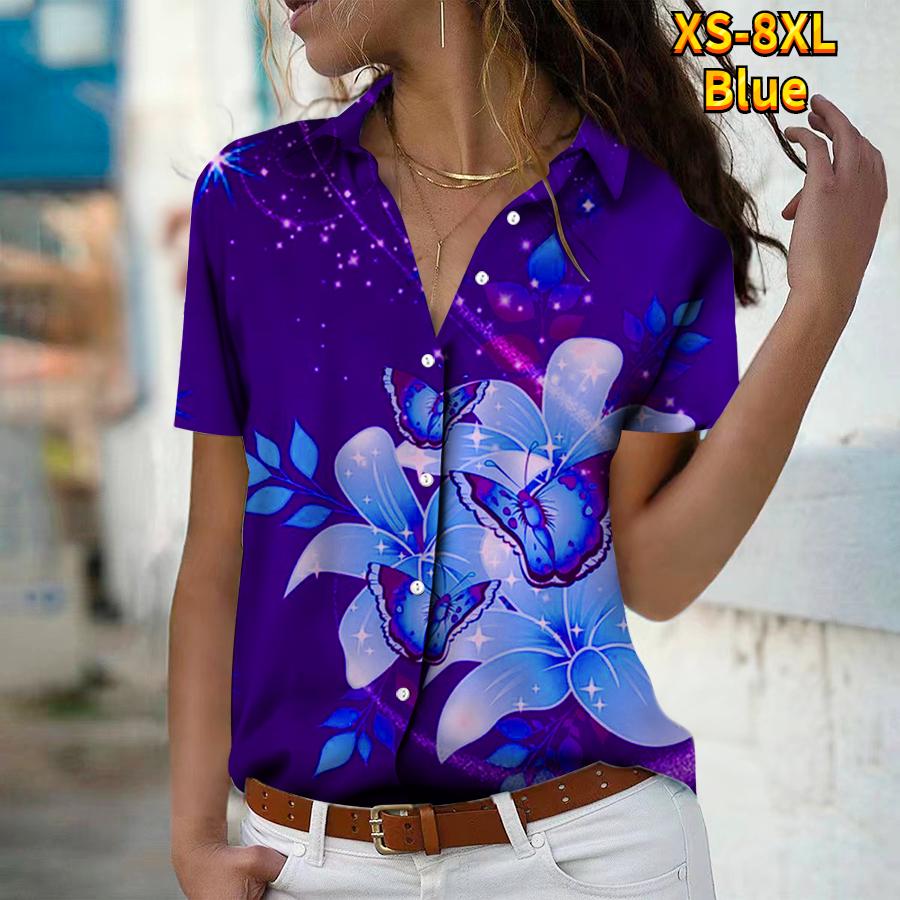 

2025 Summer New Fashion Women s Rose Printed Short Sleeve V-neck Casual Button-down Shirt Top XS синій