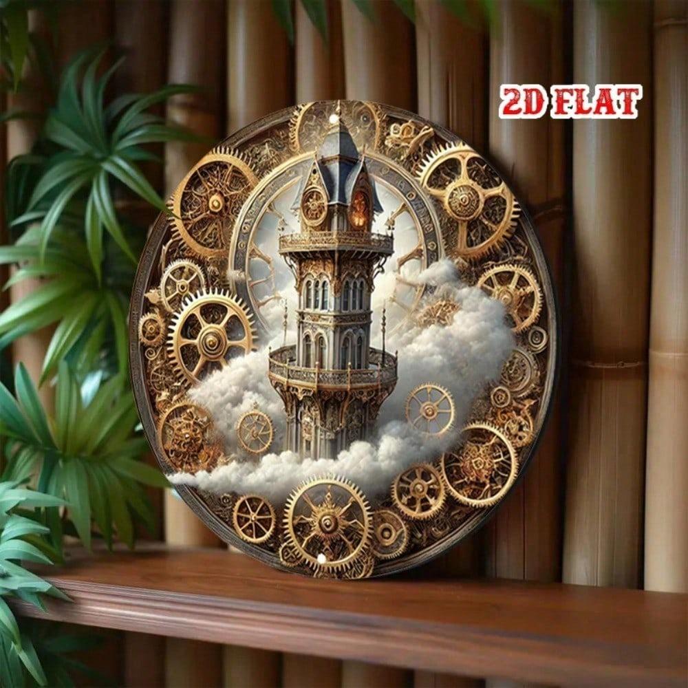 Steampunk Metal Wall Art Round Gear Bell Tower Vintage Decor for Home Cafe