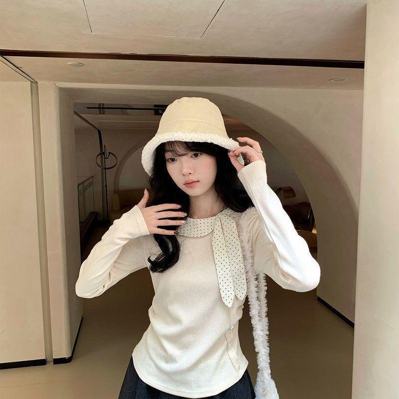 Women's Retro Patchwork Bow Long Sleeve T-shirt - Korean Style Autumn/Winter Top