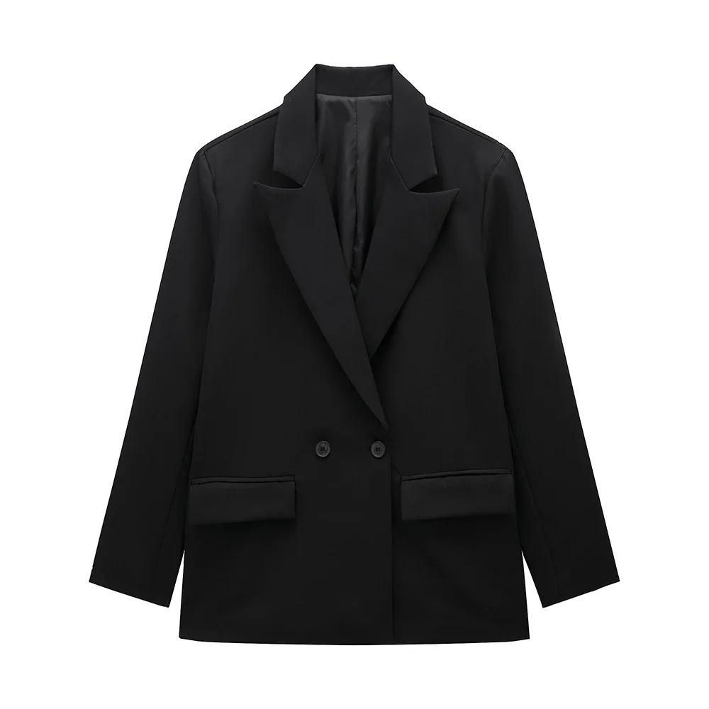 Damenmode mit Taschen Einfarbiger zweireihiger Blazer Vintage Lange Ärmel Reverskragen Damen Büro-Lady Outfits