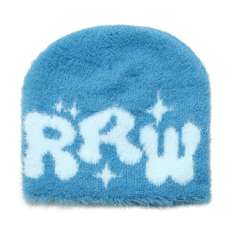 New plush letter beanie hat imitation mink hair beanie warm knitted hat women's winter
