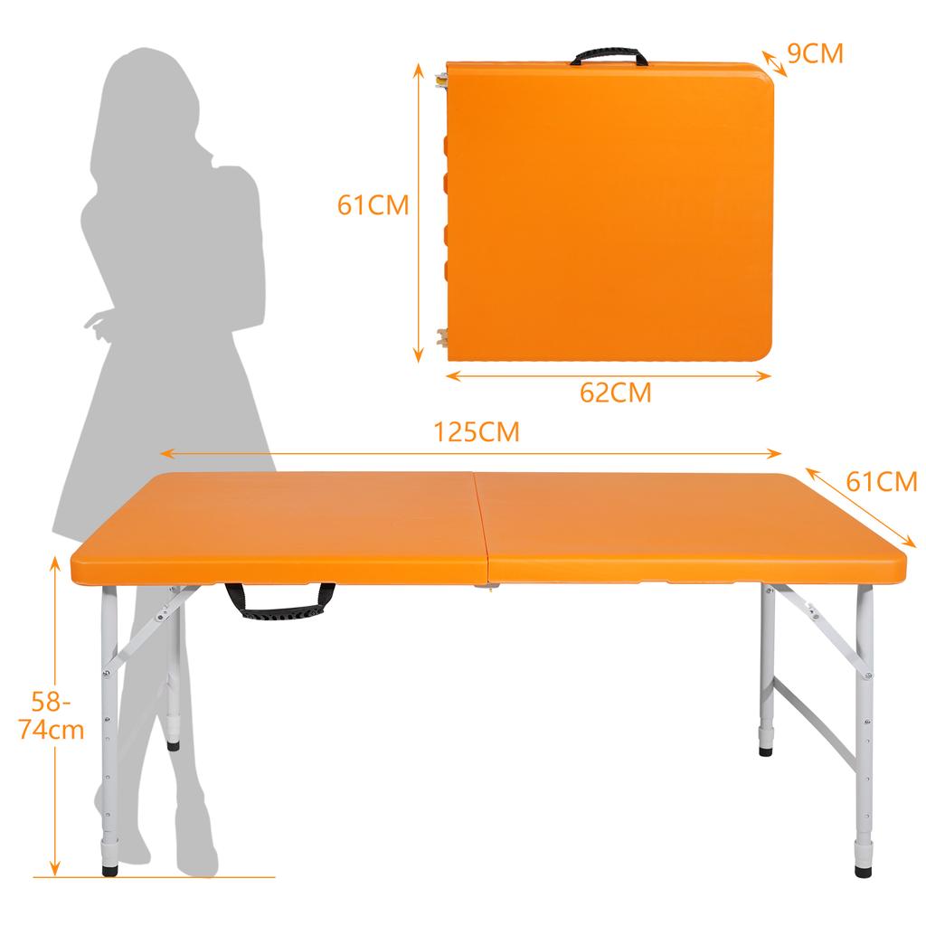 125cm Portable Heavy Duty Folding Table with Handle, for Camping Picnic Parties Indoor/Outdoor, Capacity Weight 135KG (Orange)