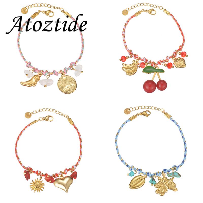 Atoztide Multiple Styles Cherry Heart Pendant Bracelet for Women Girls Stainless Steel Braided Rope Chain Bracelet Jewelry Gift