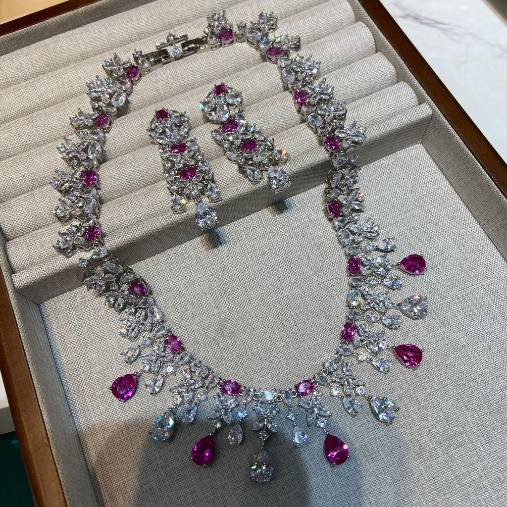 Italian Jewelry Set Seiko High-End Rhodium-Plated India-Pakistan Wedding Banquet Fashion High-End Colored Treasure Necklace