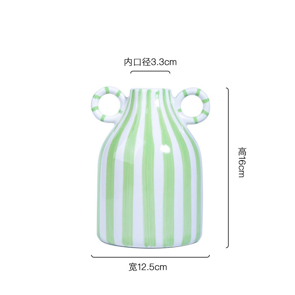 Nordic Ins Style Hand Painted Striped Ceramic Vase with Handles for Hydroponic Flowers Home Decor