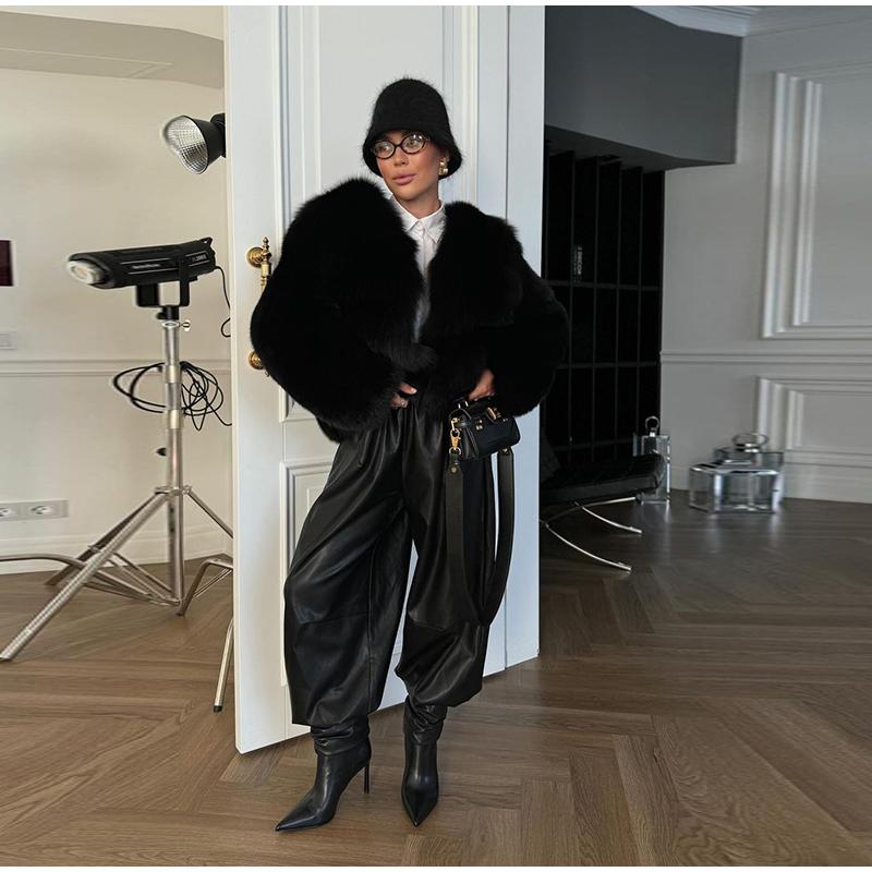 Drawstring Drawstring Lantern Leather Pants Women's Solid Color Autumn and Winter New Leather Pants Daily All-match Style Women's Pants