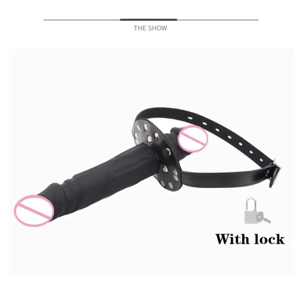 Pene Realista Dildo de Doble Extremo Mordaza Bondage Tapón Bucal Strapon para Cabeza Boca Abierta Restricción Esclavo Juguete Sexual Adulto 18+