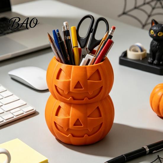 Creative Gift for Students 3D Printed Double Pumpkin Pen Holder, Stacked Desktop Organizer, Halloween Party Favor Stationery Storage Container Pencils