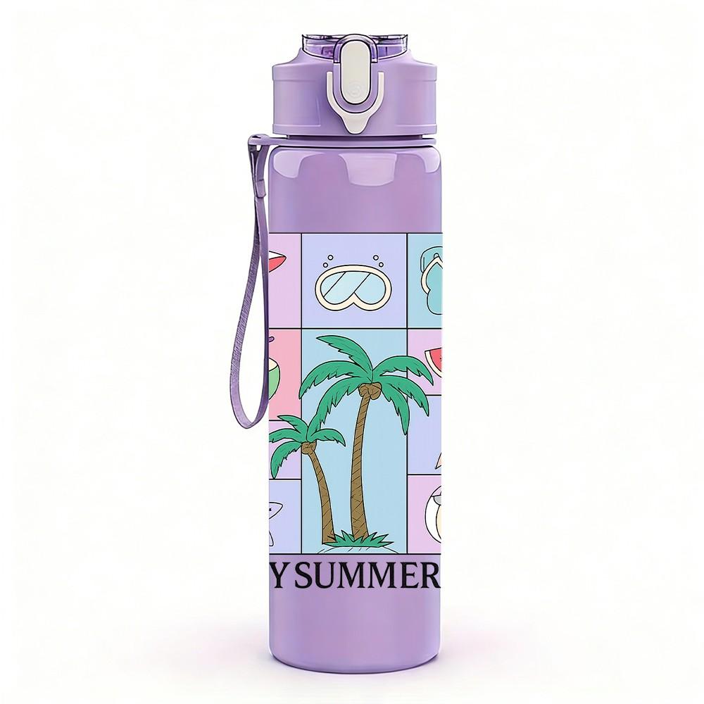 1PC In My Summer Era Beach Pattern 750ml Color Plastic Sports Water Bottle Leakproof Flip Straw Lid Suitable for Sports Office Home Use