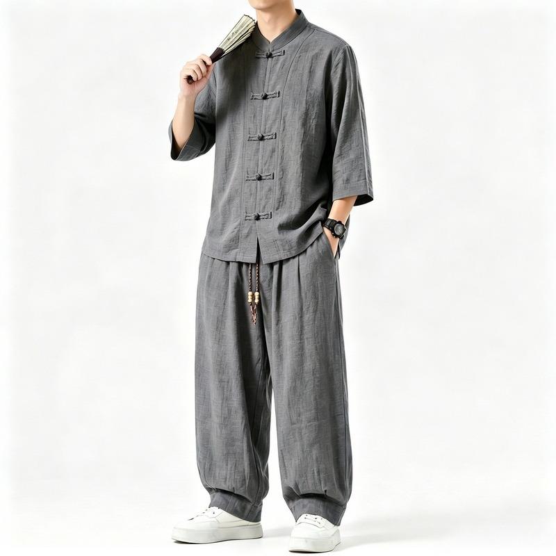 Men Chinese Style Retro Stand Collar Shirt And Pants Casual Two Piece Set