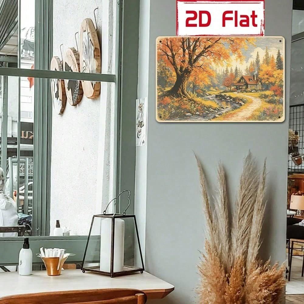 Autumn Forest Cabin Stream Sign 7.87x11.81in Nature Wall Decor Plaque Thanksgiving Gift for Study Hallway