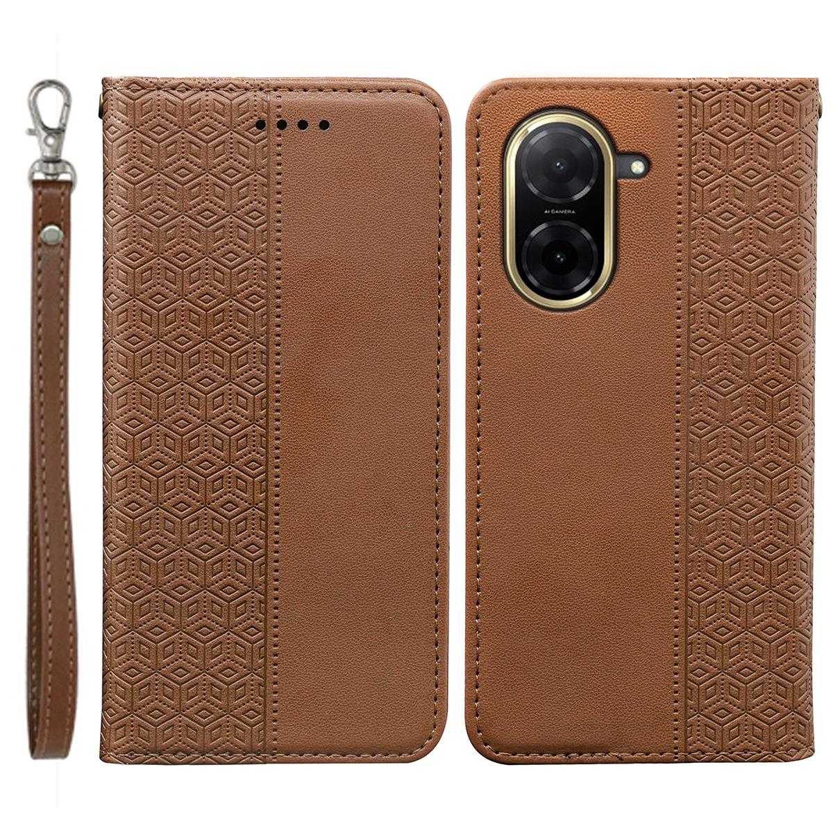 

For Xiaomi Redmi A5 4G (171.7mm)/Poco C71 4G Wallet Phone Case Checkered Pattern Imprint Leather Flip Cover with Wrist Strap F