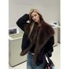 Women's Black Oversized Coat with Large Dark Brown Faux Fur Collar Winter Warm Jacket
