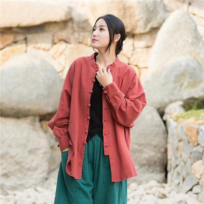 Spring Retro Design Cotton Linen Long Sleeve Women's Shirt Button Tea Costume Elegant Fashionable Business Casual